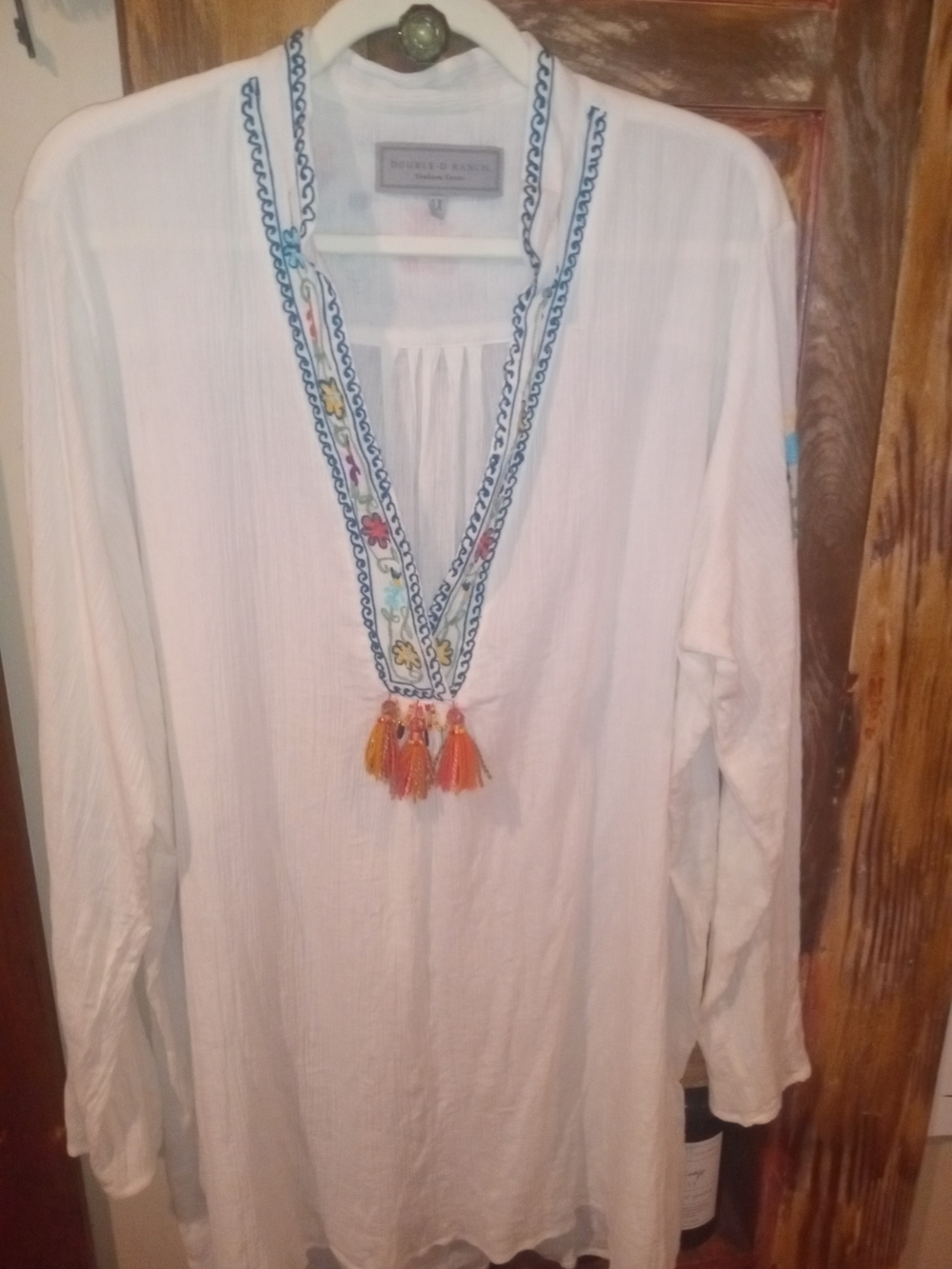 Double D Ranch White Tunic with Blue Embroidery and Orange Tassels